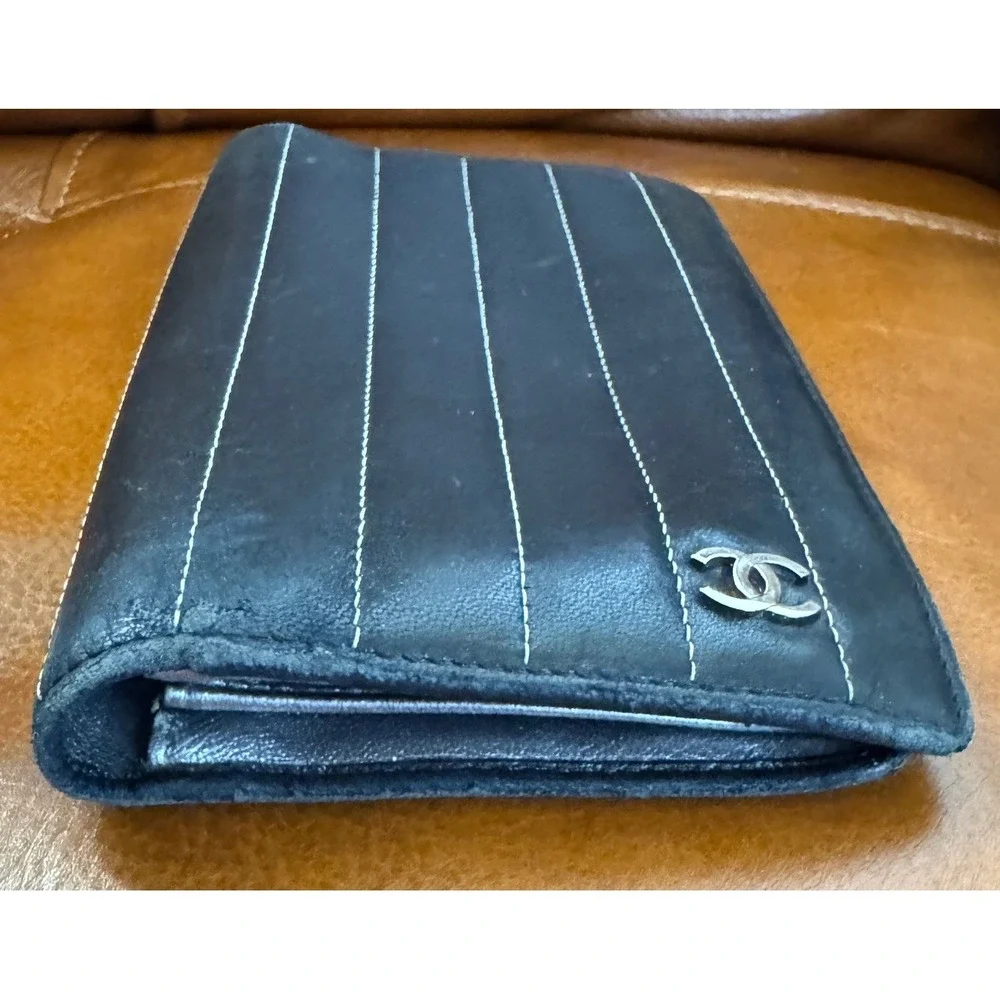 Chanel Black Leather Vertical Stitch Bifold Long Wallet Silver Interior CC Logo